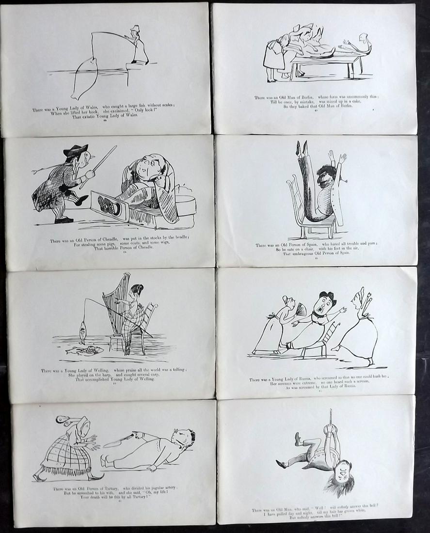 Lear, Edward 1863 Lot of 8 Antique Satire Prints: Woodblocks Published 1863, London for "A Book of Nonsense" 14th Edition by Edward Lear. Reverse side blank. Paper Size: 8 x 5 inch (21 x 13cm) Good Condition overall