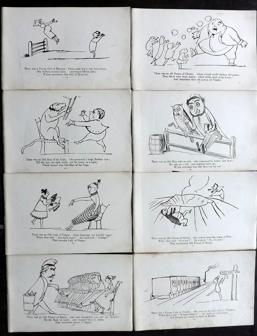 Lear, Edward 1863 Lot of 8 Antique Satire Prints: Woodblocks Published 1863, London for "A Book of Nonsense" 14th Edition by Edward Lear. Reverse side blank. Paper Size: 8 x 5 inch (21 x 13cm) Good Condition overall