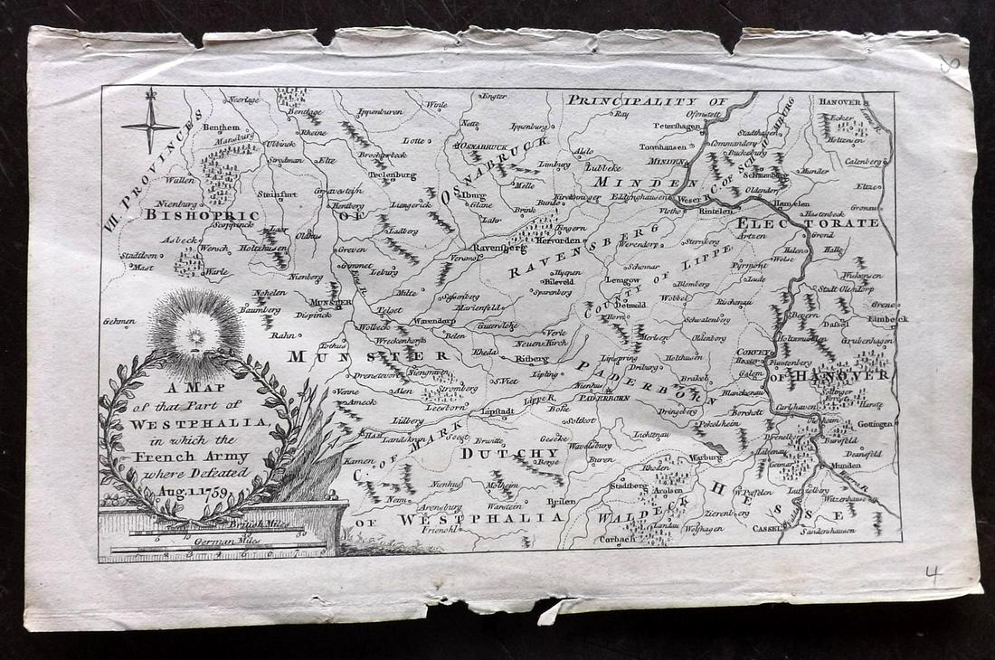 Gentleman's Mag 1759 Map. Westphalia, Germany: "A Map of that Part of Westphalia, in which the French Army where defeated Aug. 1. 1759" Copper Engraved Map Published London 1731-1833, London for "The Gentleman's Magazine..." by Various Contributor