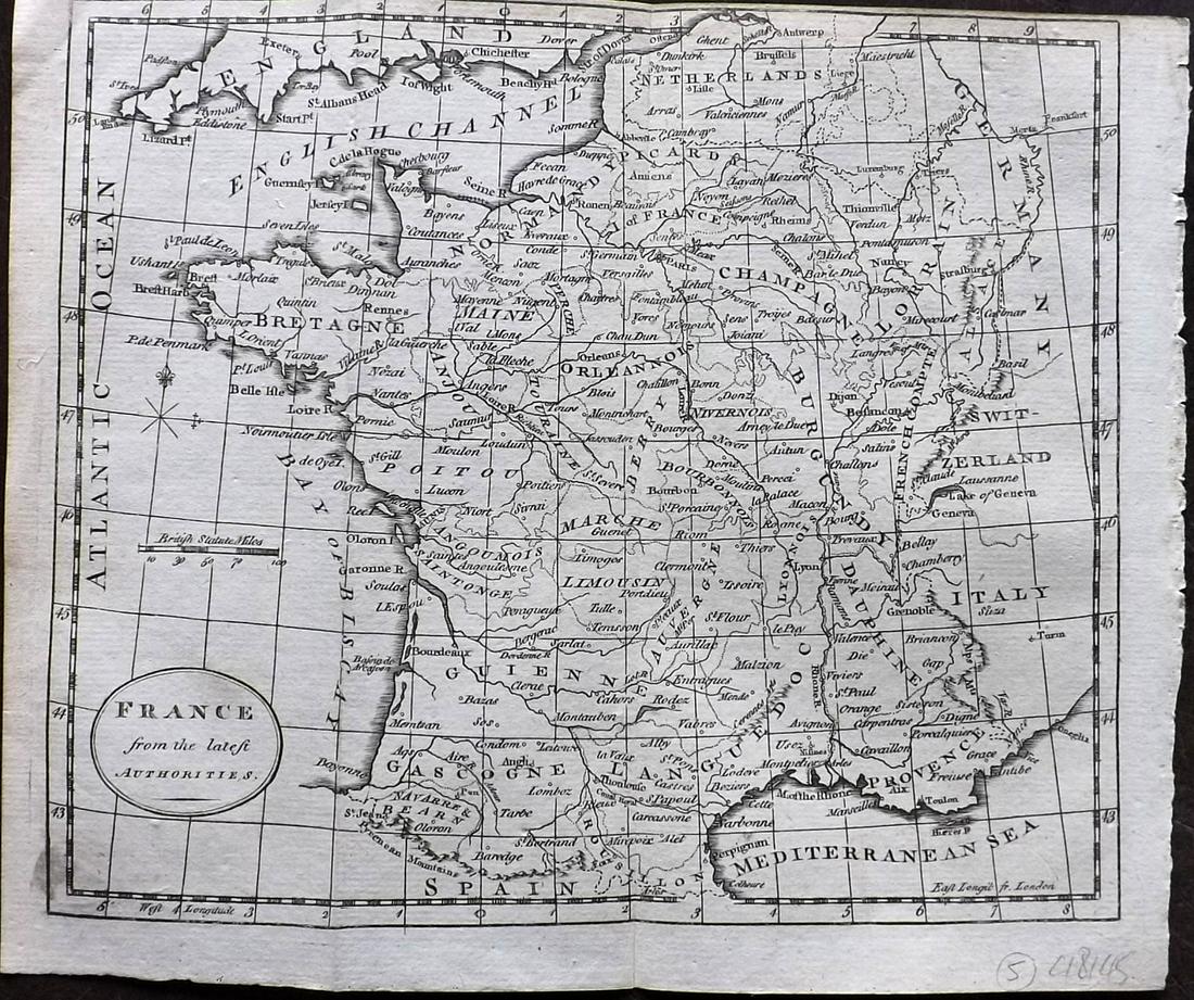 Guthrie, William 1790 Antique Map. France: Copper Engraved Map Published 1790, London for "A New Geographical, Historical and Commercial Grammar..." by William Guthrie. The maps are by John Senex, Thomas Kitchin and others. Folds as issued. Ea
