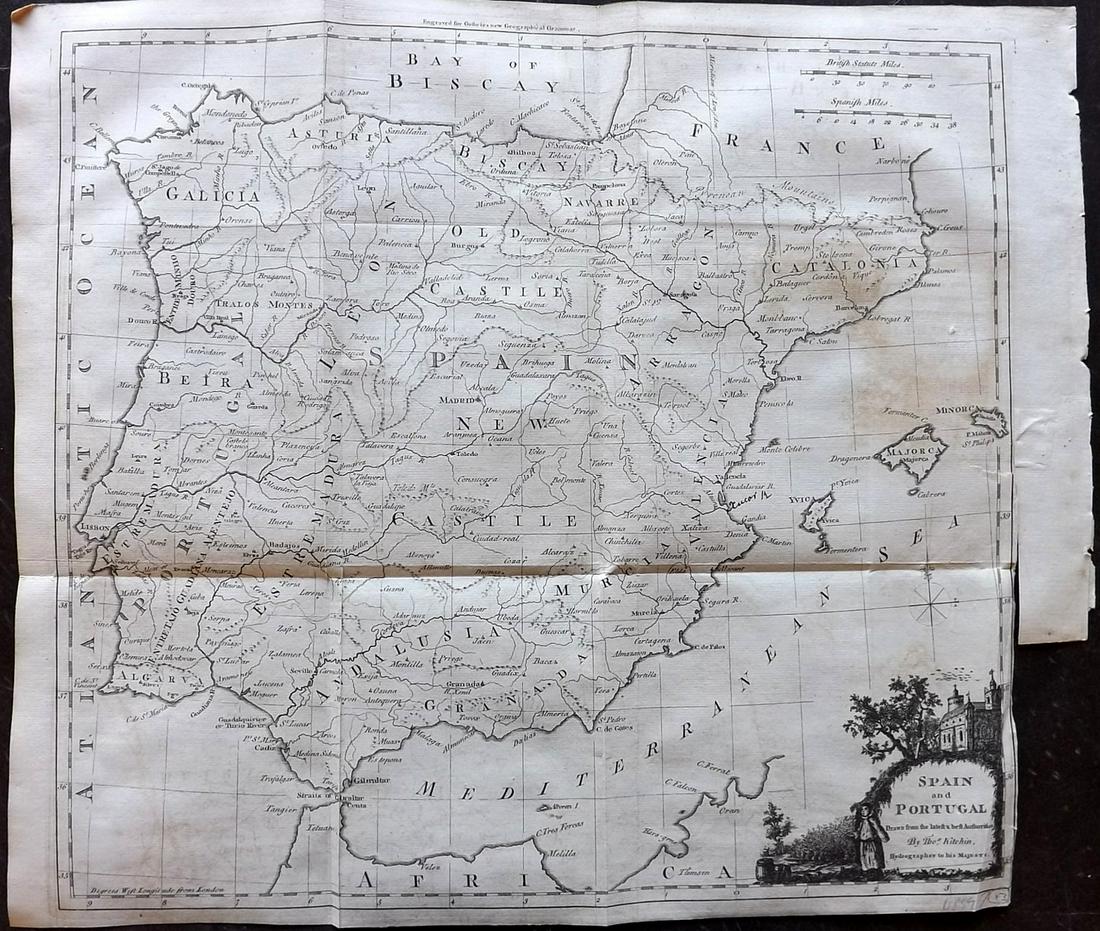 Kitchin, Thomas 1785 Antique Map of Spain & Portugal: "Spain and Portugal drawn from the latest and best Authorities" Copper Engraved Map Published 1783-85, London for "A New Geographical, Historical and Commercial Grammar..." by William Guthrie. Drawn a