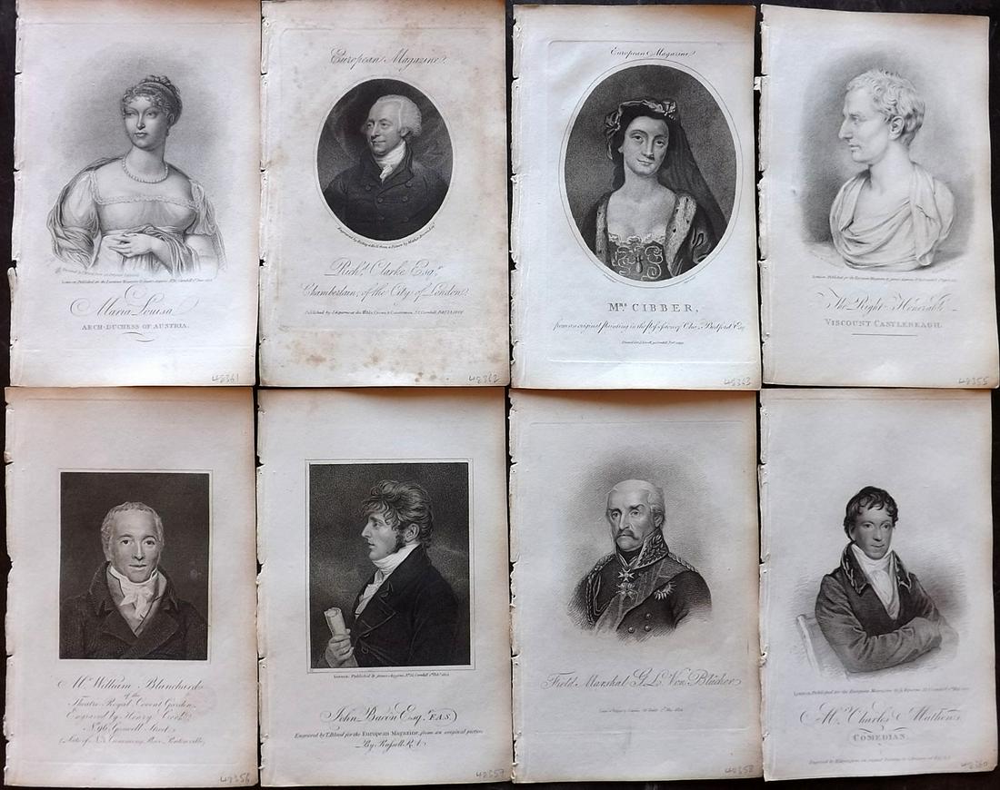 European Magazine C1800 Lot of 8 Copper Plate Portraits: Copper Plate Published 1782-1826 London for the "European Magazine, and London Review" by Various. Folds as issued. Paper Size: 8 x 5 inch (21 x 14cm) Good Condition