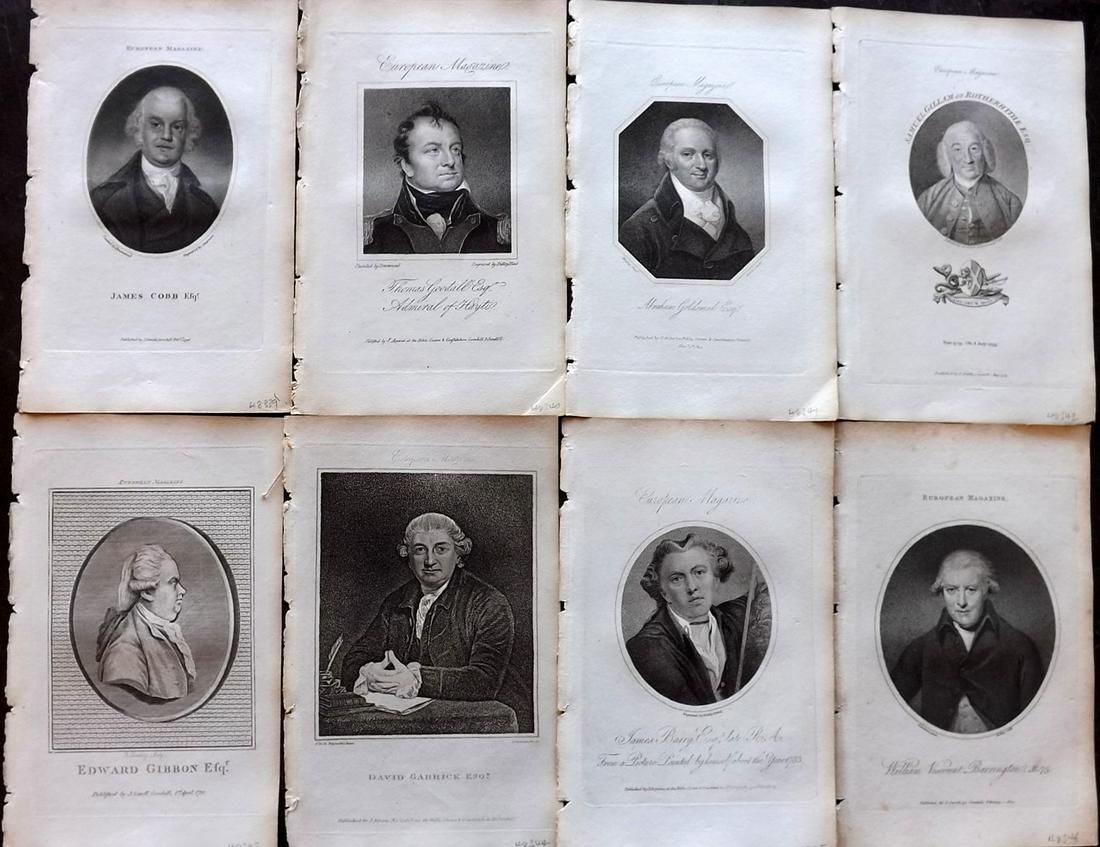 European Magazine C1800 Lot of 8 Copper Plate Portraits: Copper Plate Published 1782-1826 London for the "European Magazine, and London Review" by Various. Folds as issued. Paper Size: 8 x 5 inch (21 x 14cm) Good Condition