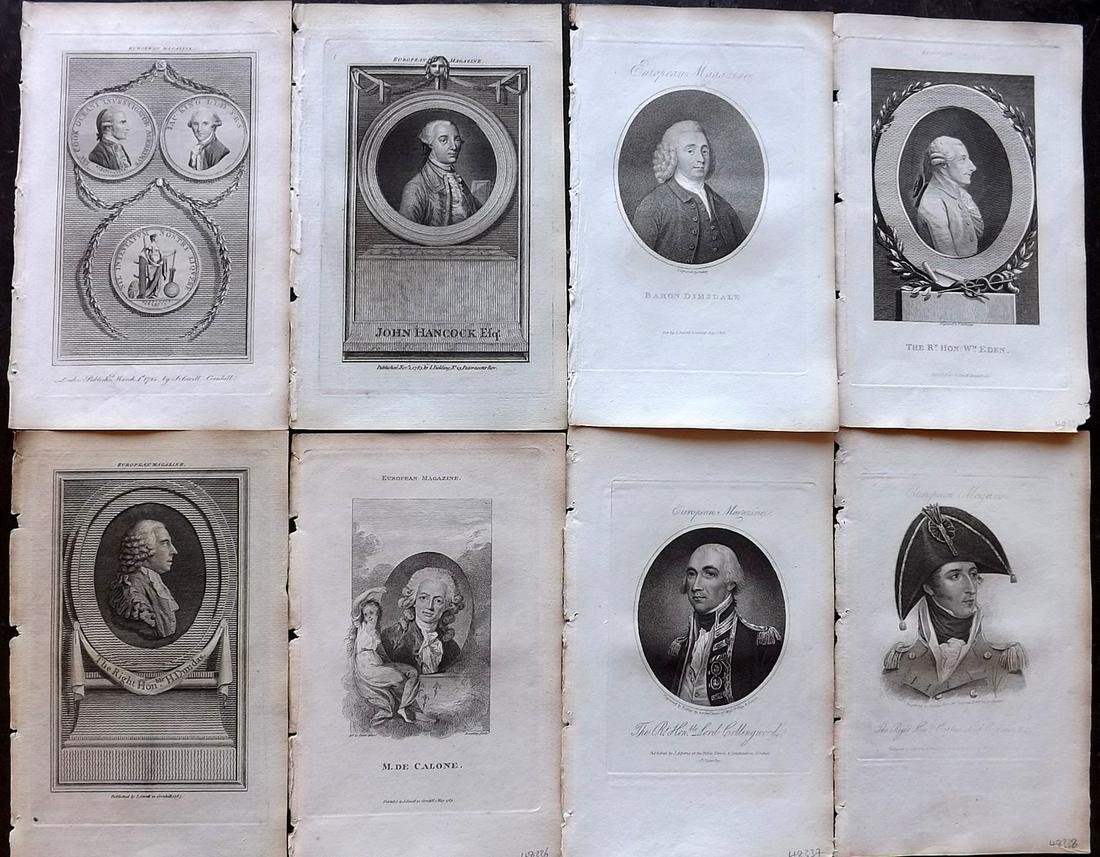 European Magazine C1800 Lot of 8 Copper Plate Portraits: Copper Plate Published 1782-1826 London for the "European Magazine, and London Review" by Various. Folds as issued. Paper Size: 8 x 5 inch (21 x 14cm) Good Condition