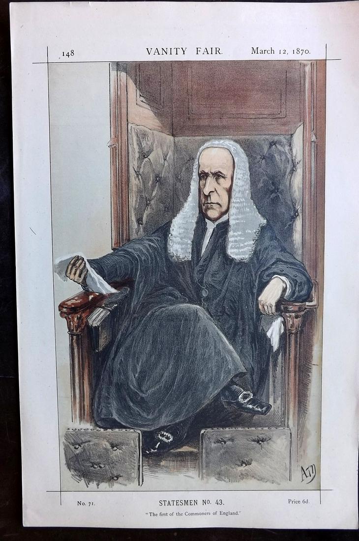 Vanity Fair Print 1870 Speaker Denison: Chromolithograph Published 1869-1914, London for "Vanity Fair" Paper Size: 15 x 10 inch (38 x 25cm) Good Condition
