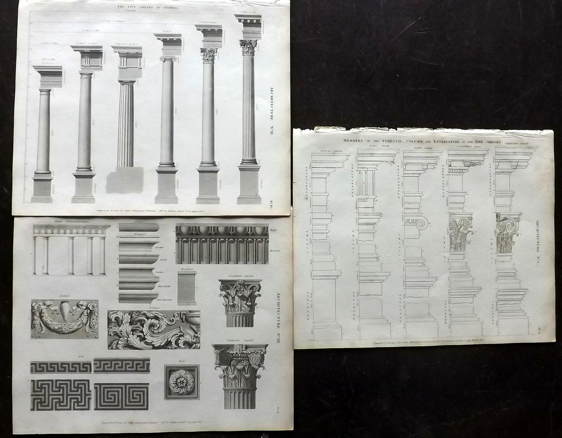 Crabb, George 1823 Lot of 3 Architectural Prints: Steel Engravings Published 1823, London for "Universal Technological Dictionary: Or, Familiar Explanation of the Terms Used in All Arts and Sciences" by George Crabb. Paper Size: 10.5 x 8 inch (27 x 2