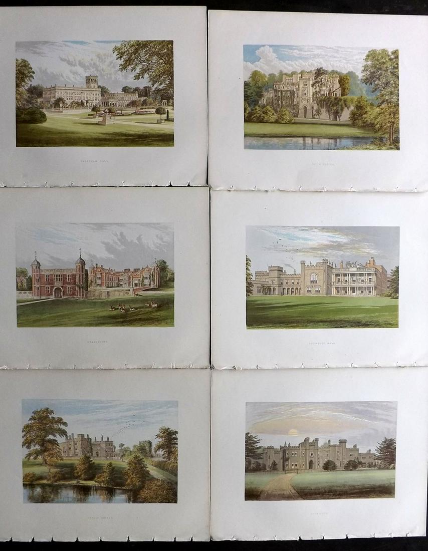 Morris Seats C1870 Lot of 6 Colour Woodblock Views: Color Printed Woodblock Published 1866-1880 by William Mckenzie, London for "Picturesque Views of Seats of Noblemen and Gentlemen of Great Britain and Ireland" by the Rev. F. O. Morris. Printed by Ben