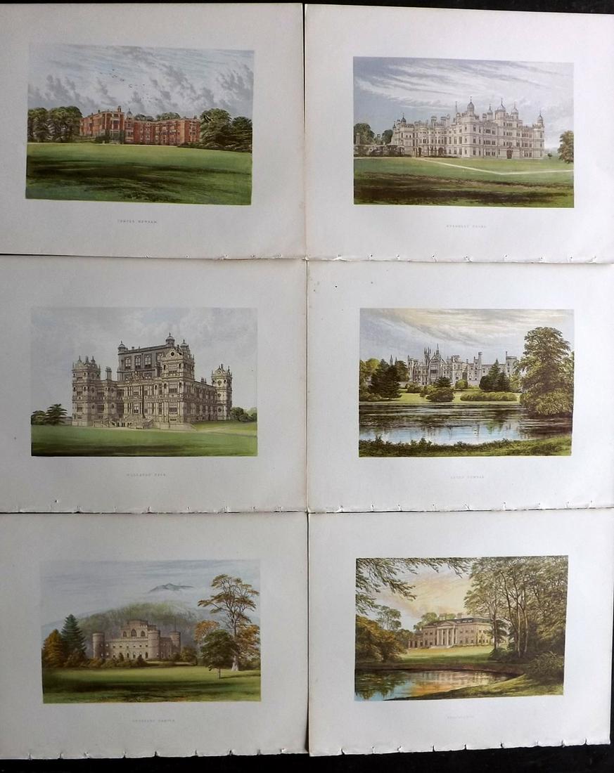 Morris Seats C1870 Lot of 6 Colour Woodblock Views: Color Printed Woodblock Published 1866-1880 by William Mckenzie, London for "Picturesque Views of Seats of Noblemen and Gentlemen of Great Britain and Ireland" by the Rev. F. O. Morris. Printed by Ben