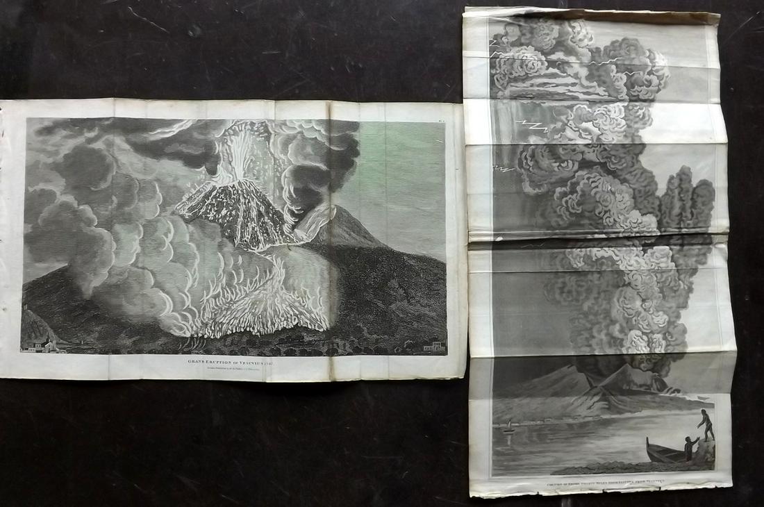 Shaw, Simeon 1823 Pair Prints. Vesuvius Eruption. Italy: "Grand Eruption of Vesuvius 1767" and "Column of Smoke thirty miles high issuing from Vesuvius" Copper Plates Published 1823, London for "Nature Displayed in the Heavens, and on the Earth" by Simeon S