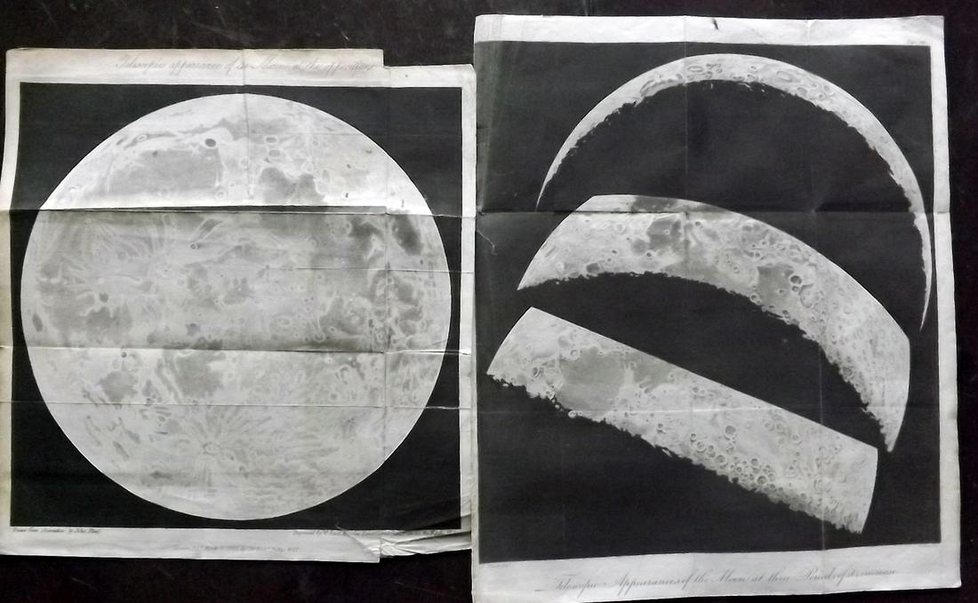 Shaw, Simeon 1823 Pair of Astronomy Prints. The Moon: "Telescopic appearance of the Moon at the opposition" and "Telescopic Appearances of the Moon at the Periods of it's increase" Aquatints Published 1823, London for "Nature Displayed in the Heavens, an