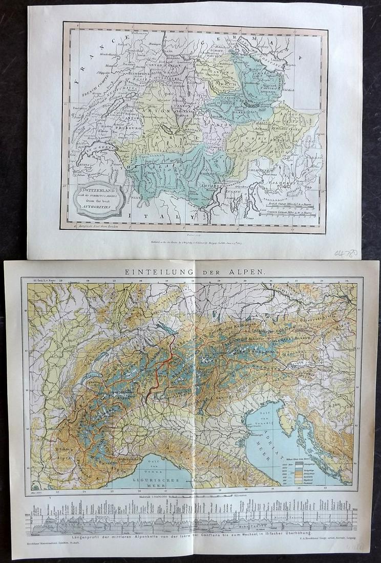 Switzerland C1835-90s Pair of Maps by Barclay Brockhaus: Hand Colored Copper Engraved Maps Published C1835, London for "A Complete and Universal English Dictionary" by the Rev. James Barclay et al. Together with one other of the Alps Published 1892-98 by F.