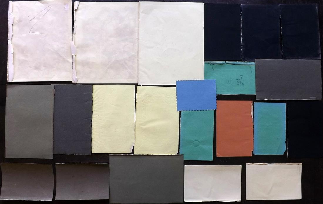 Old Paper, Bookbinding 19th Cent. Lot of 20 Color: Lot of British Wove & Stock Sheets, all colored. Sizes incl 12mo, 8vo and 4to. Ideal for bookbinding or other Artwork Projects. Paper Size: Up to 10.5 x 8 inch (27 x 21cm) One with ink annotation. Goo