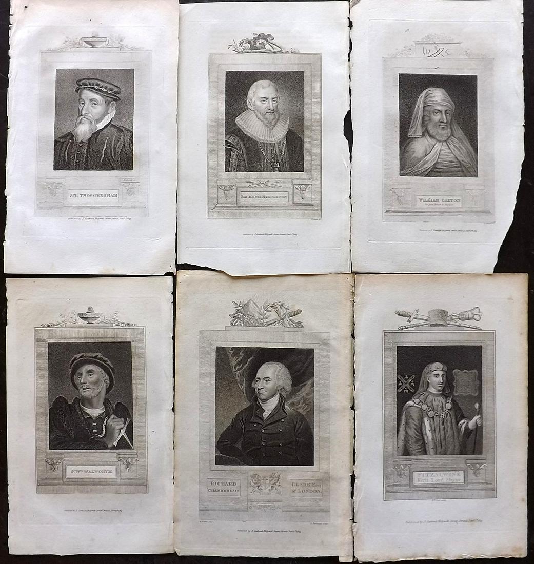 Portraits 1818 Lot of 6 London Related by Pennant: Stipple Engravings Published 1818, London for "The Antiquities of London" by Thomas Pennant. Paper Size: 8.5 x 5.5 inch (22 x 14cm) One with corner margin chip. Good Condition
