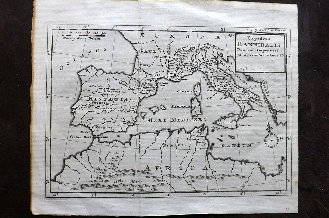 Moll, Herman 1732 Map of the Mediterranean, Hannibal: "Expeditio Hannibalis..." Copper Engraved Map Published 1732, London for "Geographia Antiqua" by Herman Moll. Folds as issued. Paper Size: 9.5 x 8 inch (24 x 20cm) Good Condition