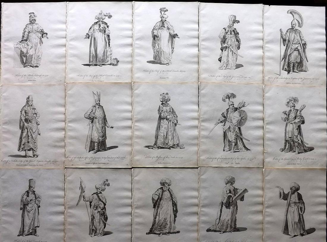 Jefferys, Thomas C1760 Lot of 15 Prints. Turkey: Copper Plates Published 1757-72, London for "Collection of the Dresses of Different Nations, Antient and Modern" by Thomas Jefferys. Illustrated after Holbein, Van Dyck, Hollar and others. Paper Size:
