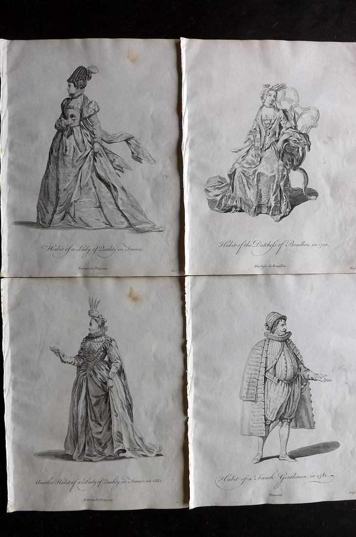 Jefferys, Thomas C1760 Lot of 4 Prints. Belgium &: One of Belgium, 3 of France. Copper Plates Published 1757-72, London for "Collection of the Dresses of Different Nations, Antient and Modern" by Thomas Jefferys. Illustrated after Holbein, Van Dyck, H