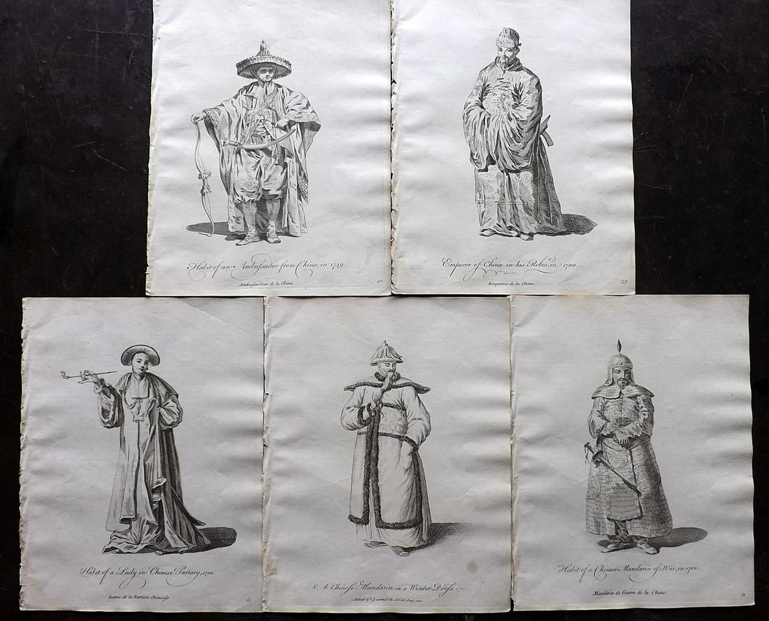 Jefferys, Thomas C1760 Lot of 5 Prints. China: Copper Plates Published 1757-72, London for "Collection of the Dresses of Different Nations, Antient and Modern" by Thomas Jefferys. Illustrated after Holbein, Van Dyck, Hollar and others. Paper Size: