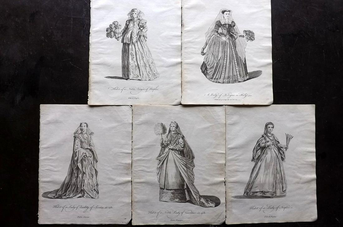 Jefferys, Thomas C1760 Lot of 5 Prints. Italy: Copper Plates Published 1757-72, London for "Collection of the Dresses of Different Nations, Antient and Modern" by Thomas Jefferys. Illustrated after Holbein, Van Dyck, Hollar and others. Paper Size: