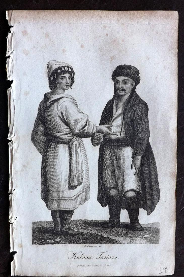 Linnaeus & Sibly 1803 Print. Kalmuc Tartars. Tartary: Copper Plate Published 1794-1810, London for "A Genuine and Universal System of Natural History" by Carl Linnaeus and Ebenezer Sibly. Illustrated after George Edwards, Bloch, Knorr, Buffon and others.