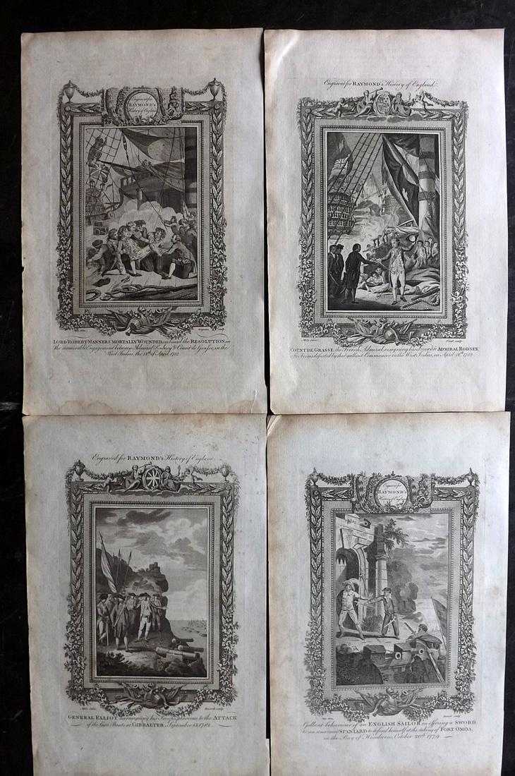 Raymond, George 1787 Lot 4 Folio Naval, Military Prints: Copper Plates Published 1787, London for "A New, Universal and Impartial History of England" also titled "Raymond's History of England" by George Frederick Raymond. Paper Size: 13.75 x 8.5 inch (35 x 