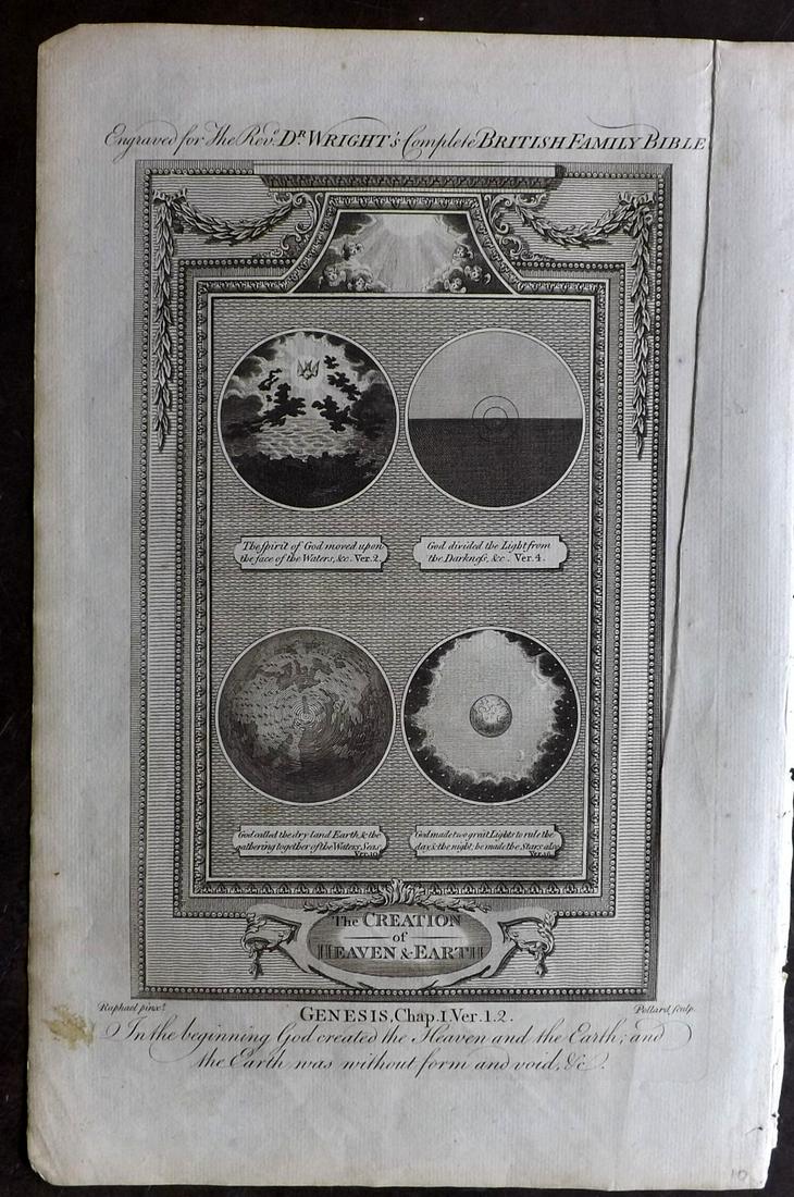 Wright, Paul 1782 Creation of Heaven & Earth: Folio Copper Plate Published 1782, London for "The Complete British Family Bible…" by Paul Wright. Paper Size: 14.5 x 9.5 inch (37 x 24cm) Minor crease in right margin. Good Condition