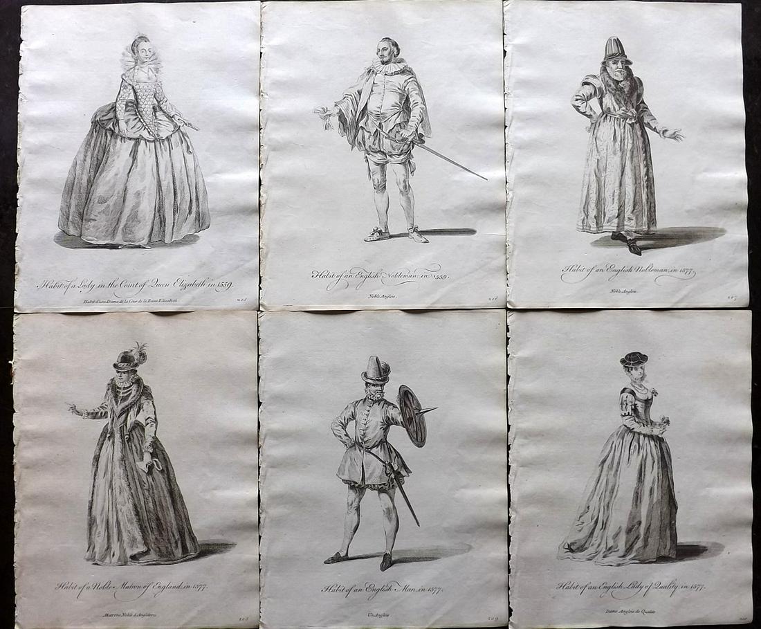 Jefferys, Thomas C1760 Lot of 6 British Costume Prints: Copper Plates Published 1757-72, London for "Collection of the Dresses of Different Nations, Antient and Modern" by Thomas Jefferys. Illustrated after Holbein, Van Dyck, Hollar and others. Paper Size: