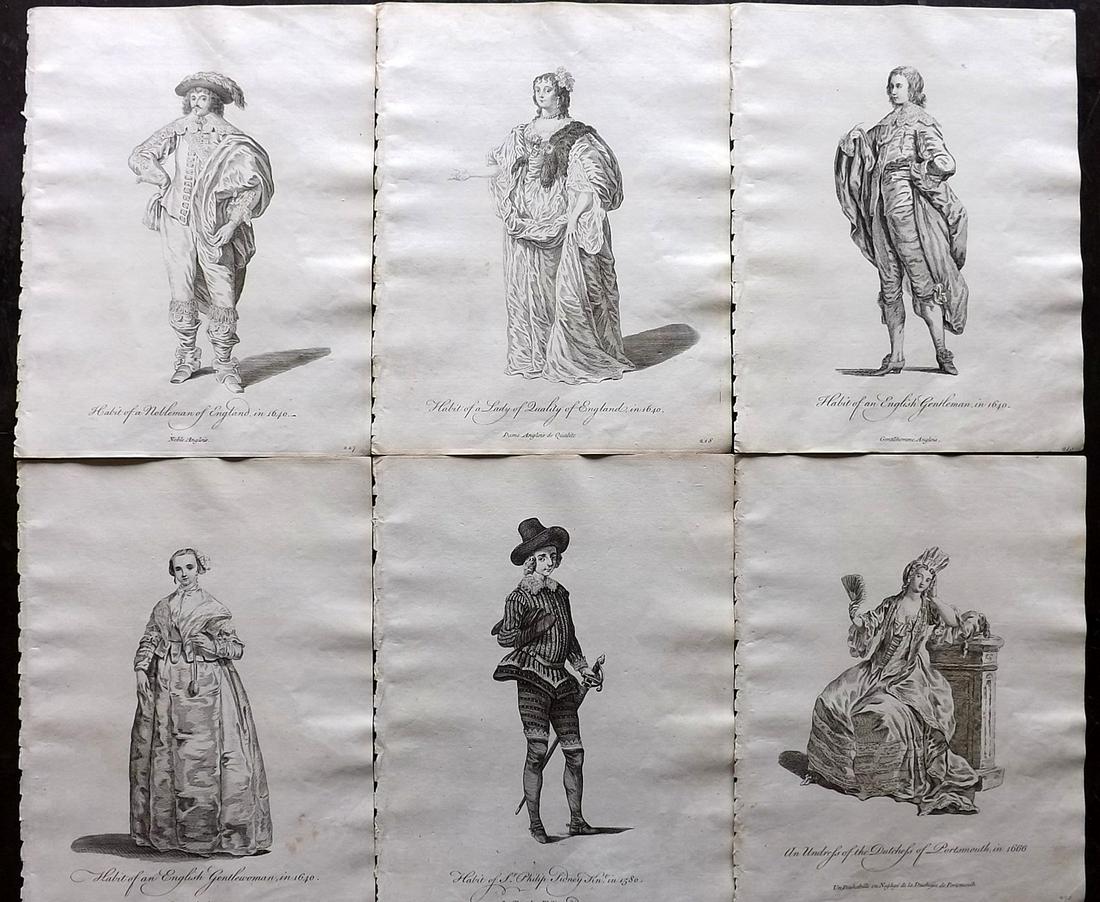 Jefferys, Thomas C1760 Lot of 6 British Costume Prints: Copper Plates Published 1757-72, London for "Collection of the Dresses of Different Nations, Antient and Modern" by Thomas Jefferys. Illustrated after Holbein, Van Dyck, Hollar and others. Paper Size: