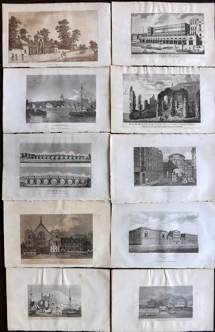 London C1780-1810 Mixed Lot of 10 Views: Mixed Lot of 10. Examples from The Beauties of England and Wales, Pennant's London, an Aquatint of Sion Lodge, Turner and others. Paper Size: 8.5 x 5.5 inch (22 x 14cm) A few trimmed and re-margined. 