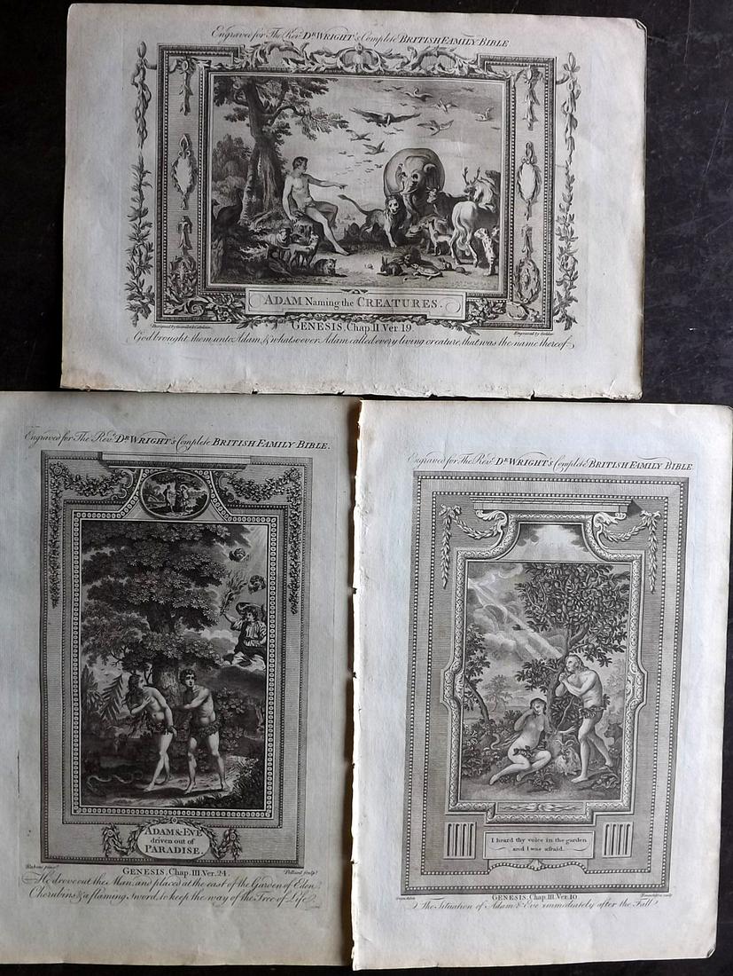 Wright, Paul 1782 Lot of 3 Religious Prints. Adam & Eve (1 of 2)