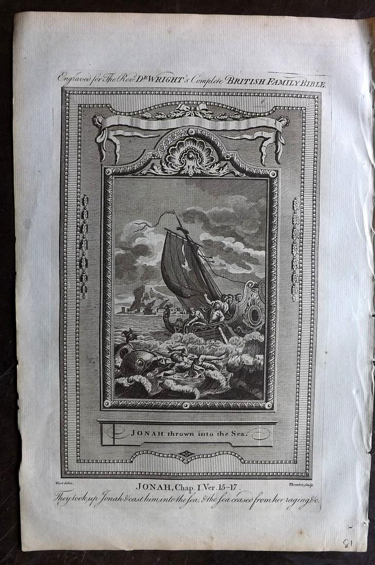 Wright, Paul 1782 Religious Print. Jonah & The Whale: Folio Copper Plate Published 1782, London for "The Complete British Family Bible…" by Paul Wright. Paper Size: 14.5 x 9.5 inch (37 x 24cm) Very minor margin toning. Good Condition
