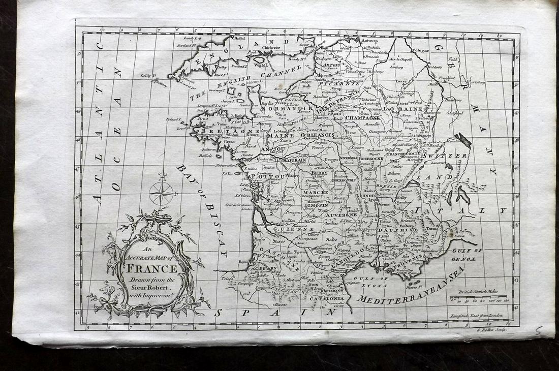 Rollos & Vaugondy 1765 Map of France: "An Accurate Map of France..." Copper Engraved Map Published 1764-66, London for "A New History of England..." by Thomas Mortimer. Maps Engraved by George Rollos after Robert de Vaugondy. Paper Size: 