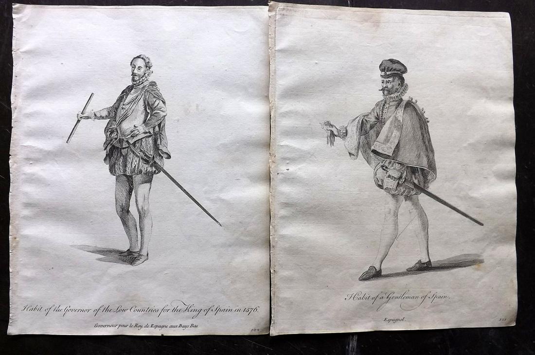 Jefferys, Thomas C1760 Pair of Prints. Spain: Copper Plates Published 1757-72, London for "Collection of the Dresses of Different Nations, Antient and Modern" by Thomas Jefferys. Illustrated after Holbein, Van Dyck, Hollar and others. Paper Size: