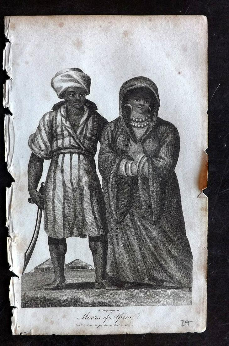 Linnaeus & Sibly 1802 Print. Moors of Africa: Copper Plate Published 1794-1810, London for "A Genuine and Universal System of Natural History" by Carl Linnaeus and Ebenezer Sibly. Illustrated after George Edwards, Bloch, Knorr, Buffon and others.