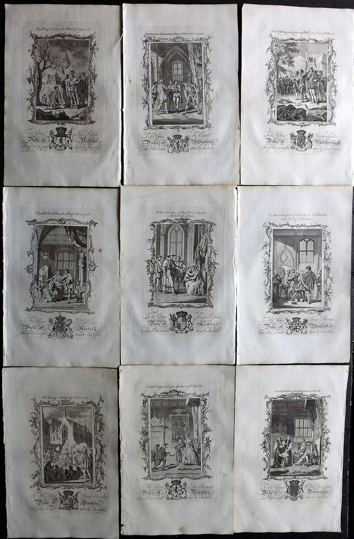 Mortimer, Thomas 1765 Lot of 9 Folio History Prints: Copper Plates Published 1764-66, London for "A New History of England..." by Thomas Mortimer. Paper Size: 13.5 x 8.5 inch (35 x 22cm) Good Condition