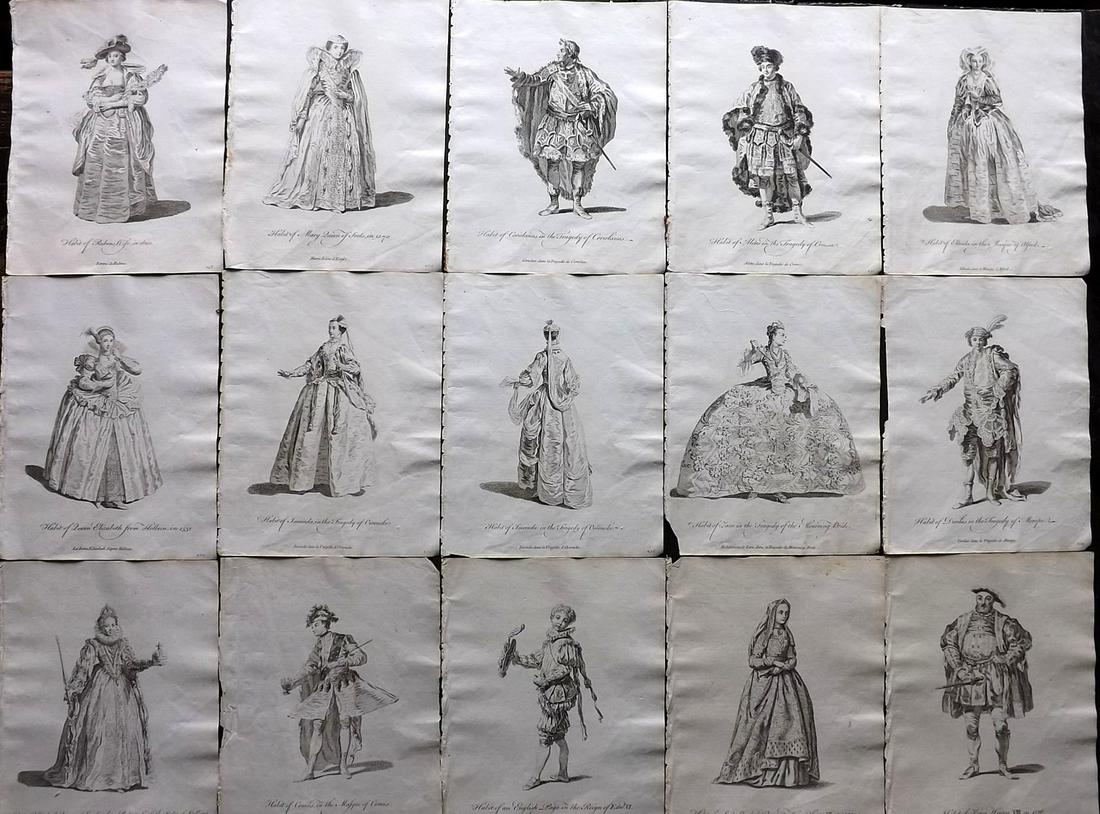 Jefferys, Thomas C1760 Lot of 15 British Costume Prints: Copper Plates Published 1757-72, London for "Collection of the Dresses of Different Nations, Antient and Modern" by Thomas Jefferys. Illustrated after Holbein, Van Dyck, Hollar and others. Paper Size: