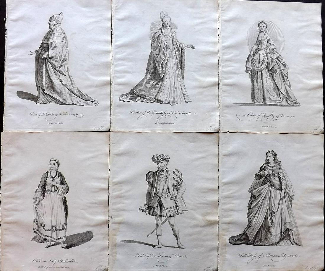 Jefferys, Thomas C1760 Lot of 6 Prints. Italy: Copper Plates Published 1757-72, London for "Collection of the Dresses of Different Nations, Antient and Modern" by Thomas Jefferys. Illustrated after Holbein, Van Dyck, Hollar and others. Paper Size: