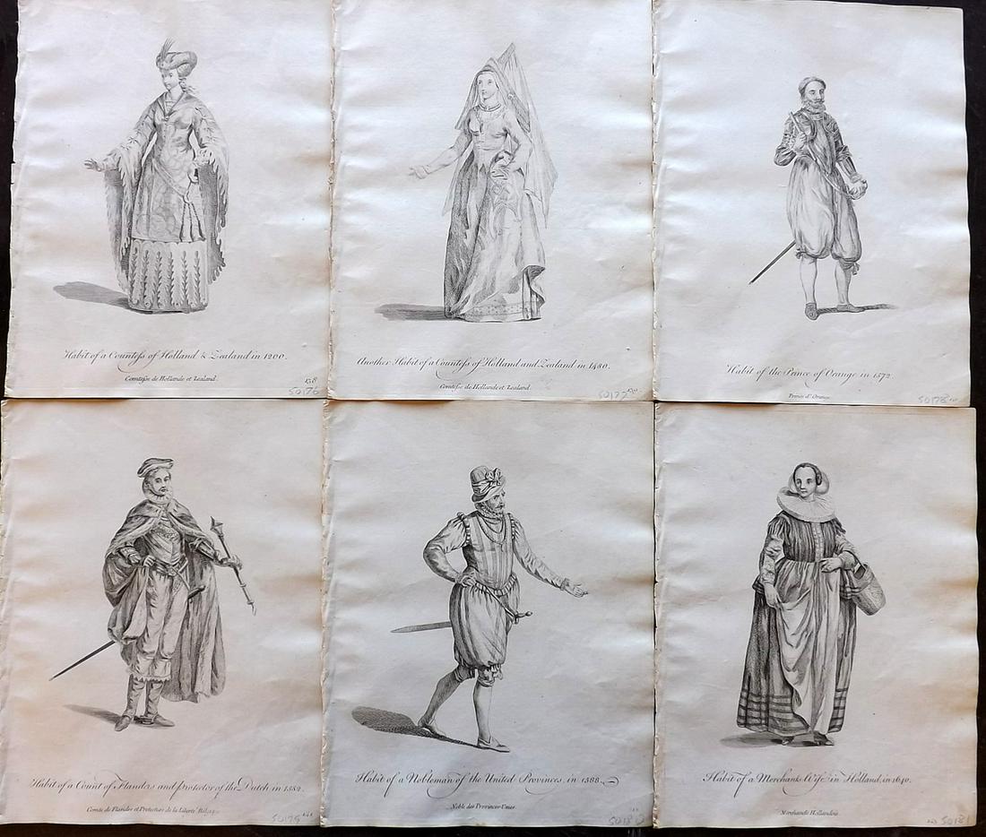 Jefferys, Thomas C1760 Lot of 6 Prints. Netherlands: Copper Plates Published 1757-72, London for "Collection of the Dresses of Different Nations, Antient and Modern" by Thomas Jefferys. Illustrated after Holbein, Van Dyck, Hollar and others. Paper Size: