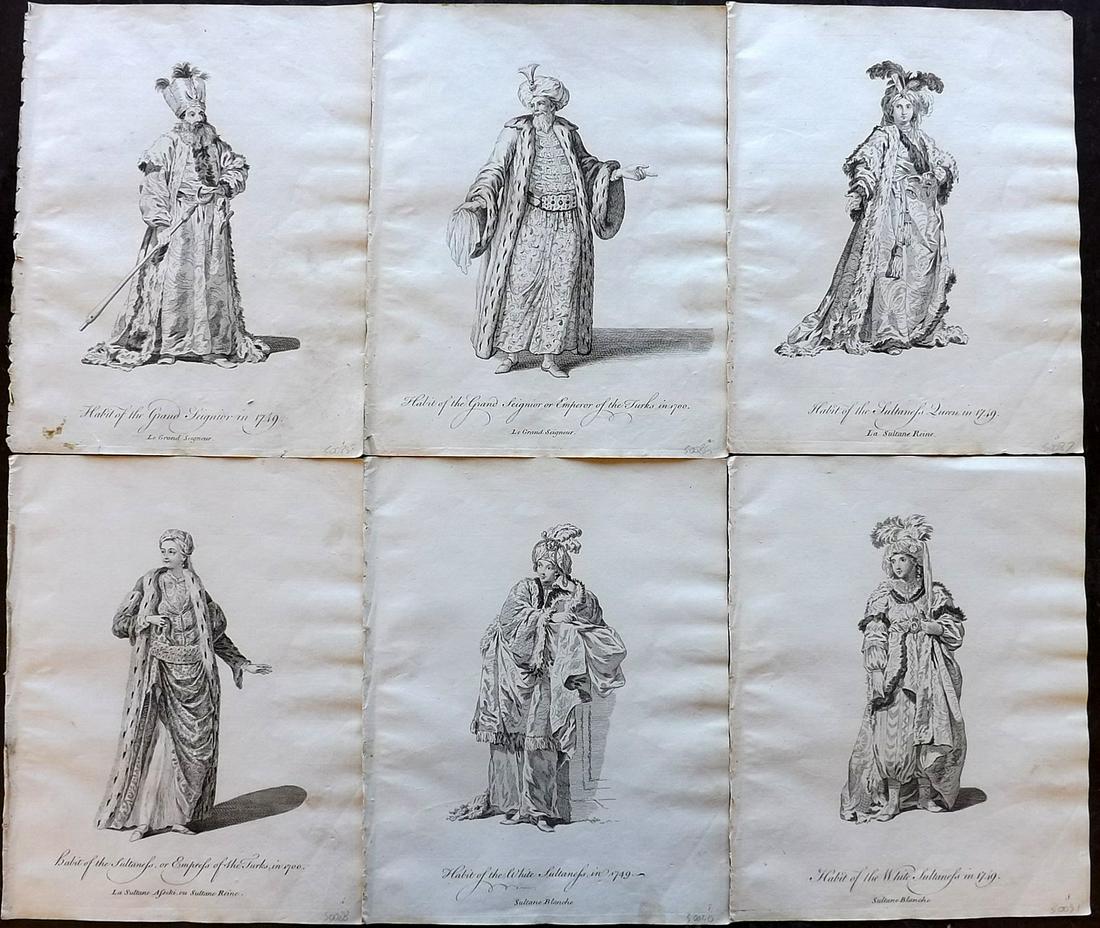 Jefferys, Thomas C1760 Lot of 6 Prints. Turkey: Copper Plates Published 1757-72, London for "Collection of the Dresses of Different Nations, Antient and Modern" by Thomas Jefferys. Illustrated after Holbein, Van Dyck, Hollar and others. Paper Size: