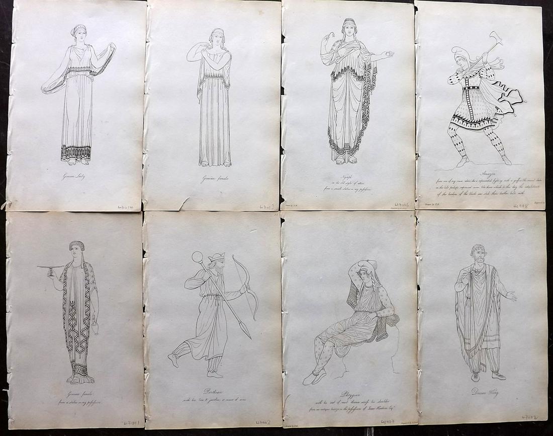 Hope, Thomas 1809 Lot of 8 Ancient Costume Prints: Etchings Published 1809, London for "Costume of the Ancients" by Thomas Hope. Paper Size: 8.5 x 5.5 inch (22 x 14cm) Very minor background toning, otherwise fine