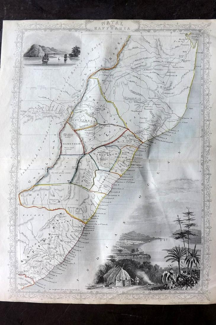Tallis, John (Pub) 1852 Map. Natal, South Africa: "Natal and Kaffraria" Steel Engraved Map with Original Outline Hand Color Published 1852-56 by John Tallis, London for "The Universal Pronouncing Dictionary" by Thomas Wright. Drawn & Engraved by John