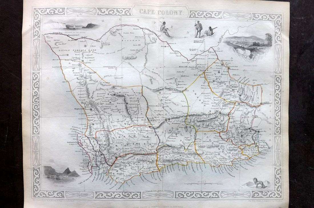 Tallis, John (Pub) 1852 Map. Cape Colony, South Africa: Steel Engraved Map with Original Outline Hand Color Published 1852-56 by John Tallis, London for "The Universal Pronouncing Dictionary" by Thomas Wright. Drawn & Engraved by John Rapkin. Centre fold a