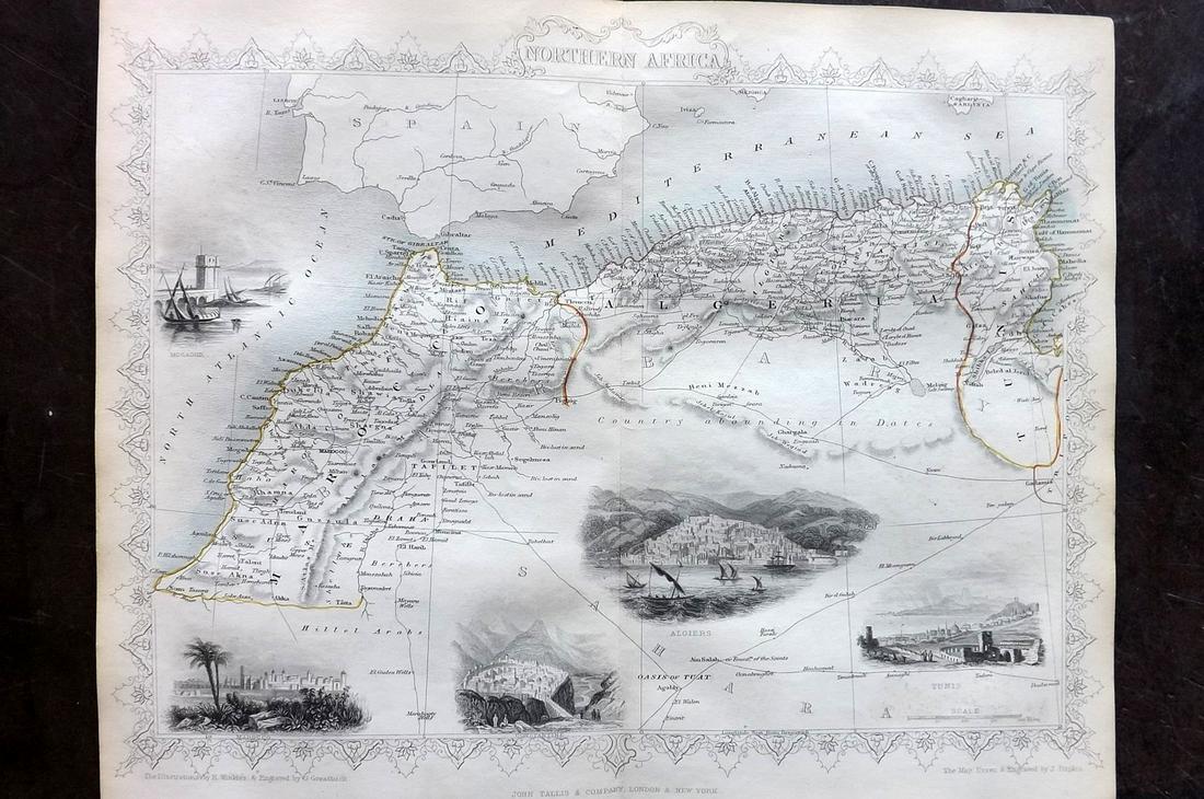 Tallis, John (Pub) 1852 Map. North Africa: Steel Engraved Map with Original Outline Hand Color Published 1852-56 by John Tallis, London for "The Universal Pronouncing Dictionary" by Thomas Wright. Drawn & Engraved by John Rapkin. Centre fold a