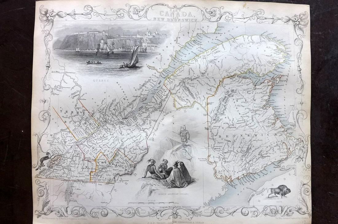 Tallis, John (Pub) 1852 Map East Canada & New Brunswick: Steel Engraved Map with Original Outline Hand Color Published 1852-56 by John Tallis, London for "The Universal Pronouncing Dictionary" by Thomas Wright. Drawn & Engraved by John Rapkin. Centre fold a