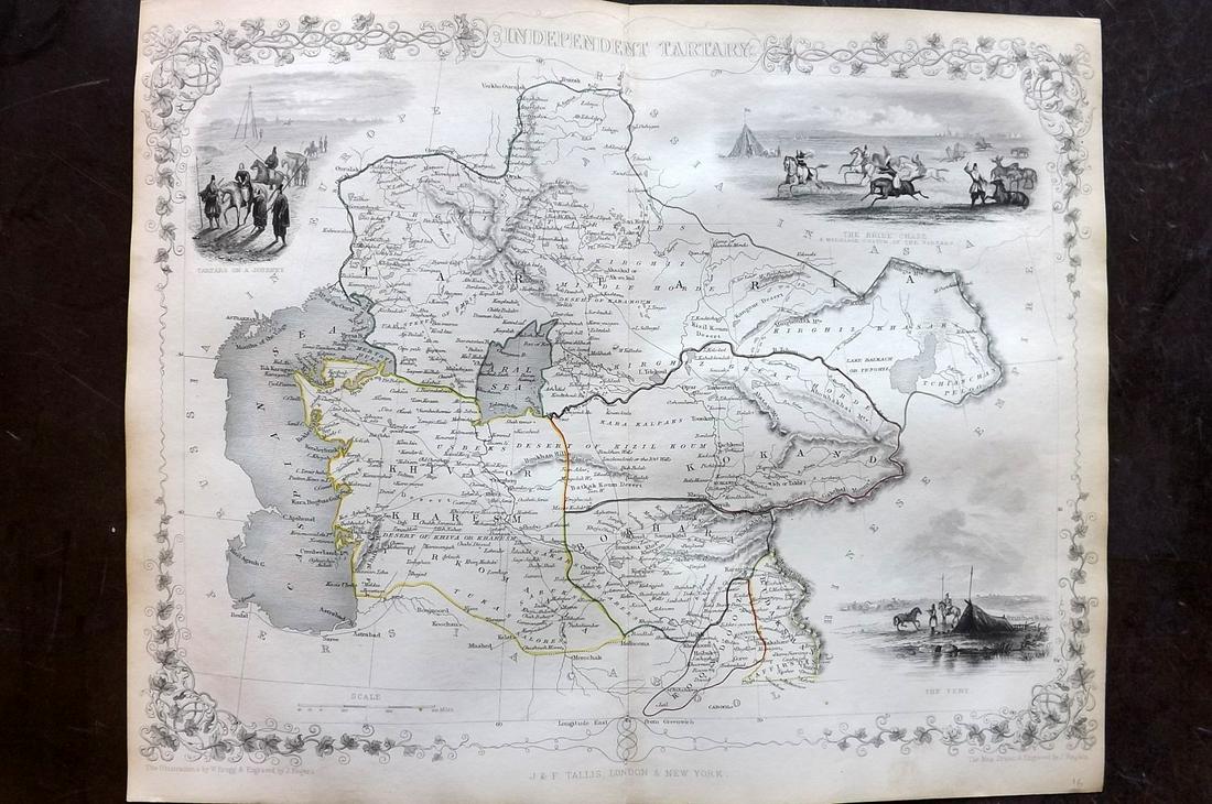 Tallis, John (Pub) 1852 Map. Independent Tartary: Steel Engraved Map with Original Outline Hand Color Published 1852-56 by John Tallis, London for "The Universal Pronouncing Dictionary" by Thomas Wright. Drawn & Engraved by John Rapkin. Centre fold a