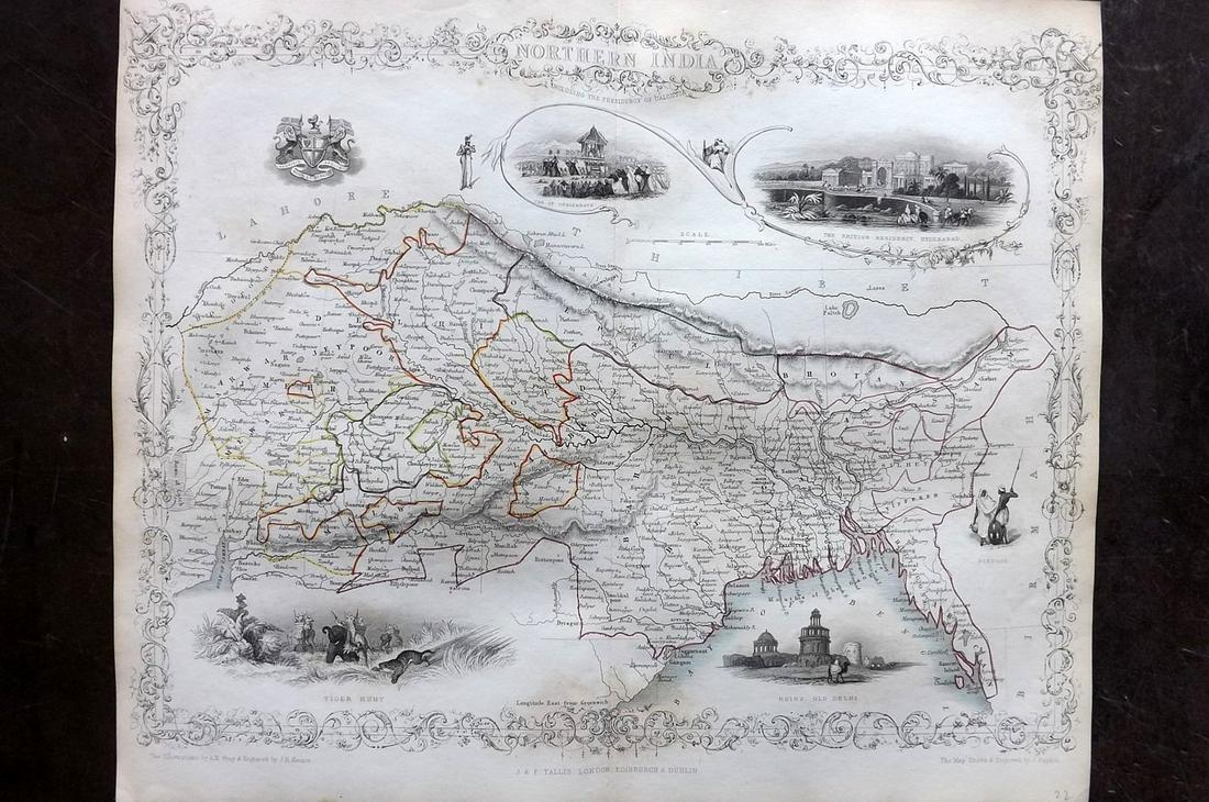 Tallis, John (Pub) 1852 Map. Northern India: Steel Engraved Map with Original Outline Hand Color Published 1852-56 by John Tallis, London for "The Universal Pronouncing Dictionary" by Thomas Wright. Drawn & Engraved by John Rapkin. Centre fold a
