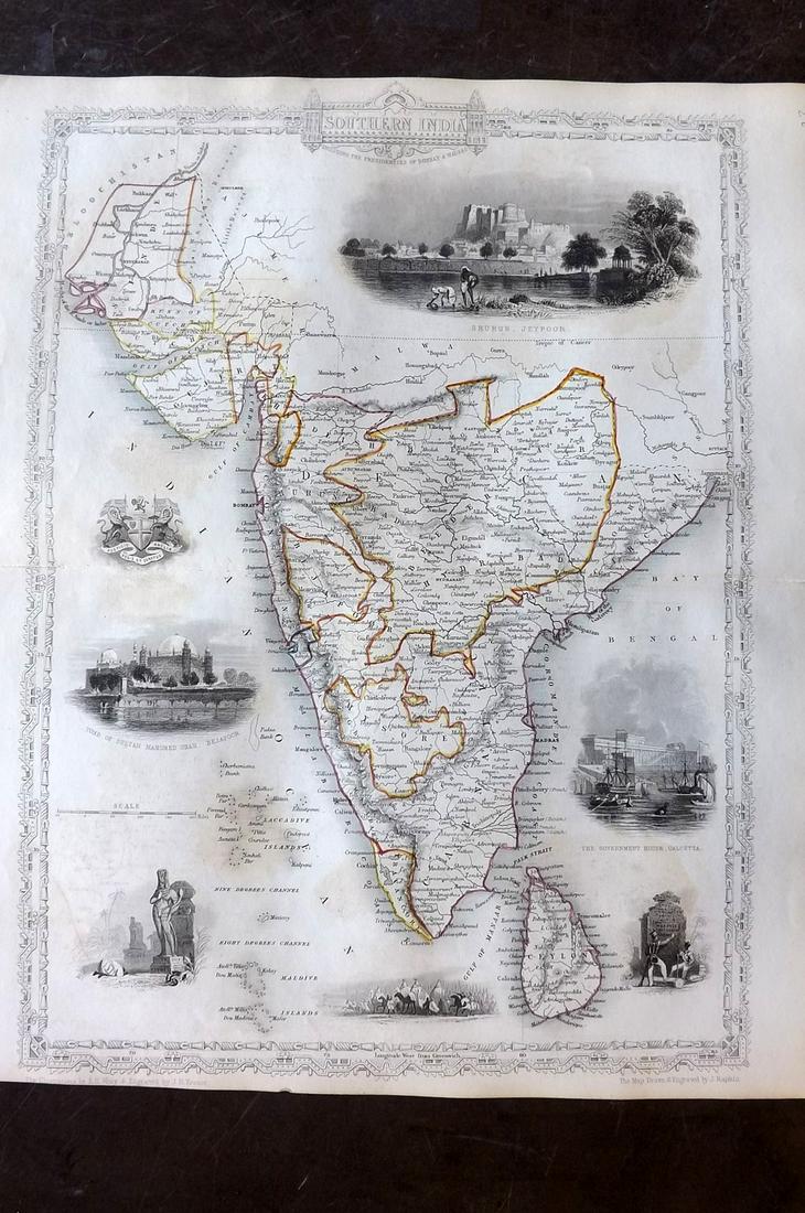 Tallis, John (Pub) 1852 Map. Southern India: Steel Engraved Map with Original Outline Hand Color Published 1852-56 by John Tallis, London for "The Universal Pronouncing Dictionary" by Thomas Wright. Drawn & Engraved by John Rapkin. Centre fold a