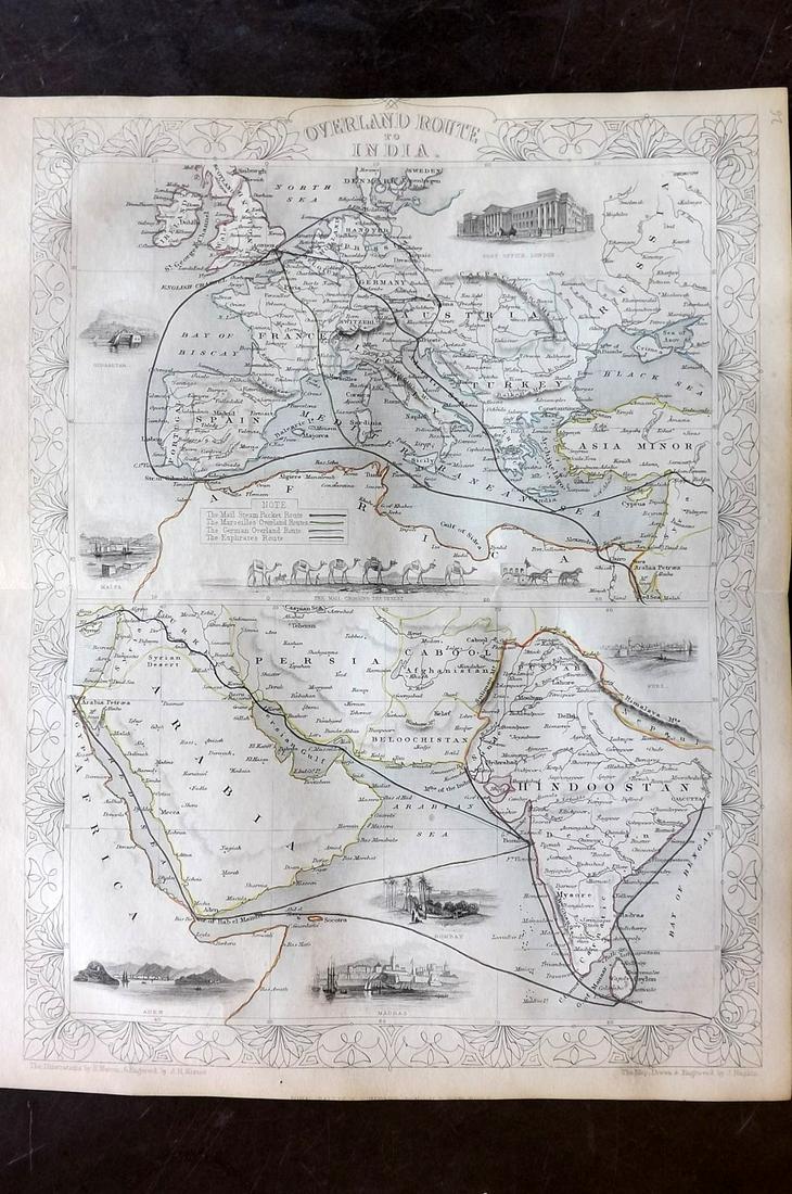 Tallis, John (Pub) 1852 Map. Overland Route to India: Steel Engraved Map with Original Outline Hand Color Published 1852-56 by John Tallis, London for "The Universal Pronouncing Dictionary" by Thomas Wright. Drawn & Engraved by John Rapkin. Centre fold a