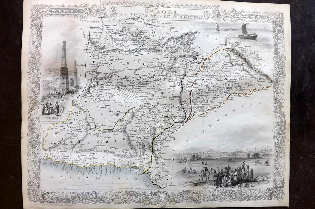 Tallis, John (Pub) 1852 Map. Cabool, The Punjab. India: Steel Engraved Map with Original Outline Hand Color Published 1852-56 by John Tallis, London for "The Universal Pronouncing Dictionary" by Thomas Wright. Drawn & Engraved by John Rapkin. Centre fold a