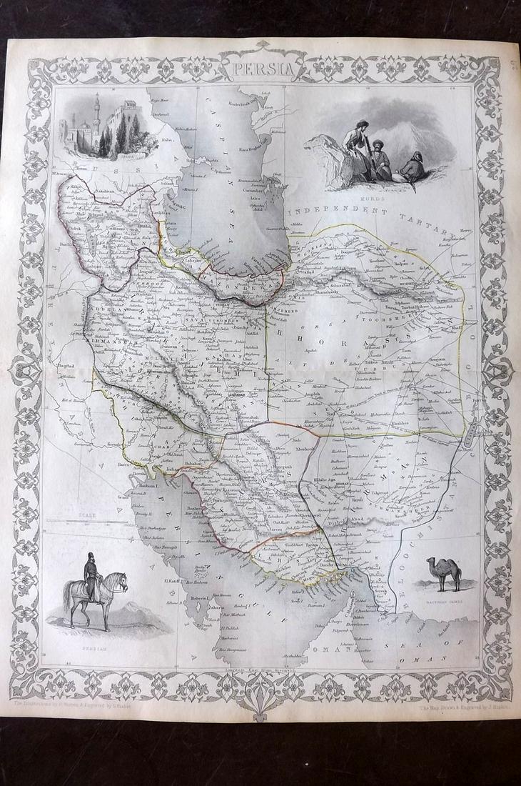 Tallis, John (Pub) 1852 Map. Persia: Steel Engraved Map with Original Outline Hand Color Published 1852-56 by John Tallis, London for "The Universal Pronouncing Dictionary" by Thomas Wright. Drawn & Engraved by John Rapkin. Centre fold a