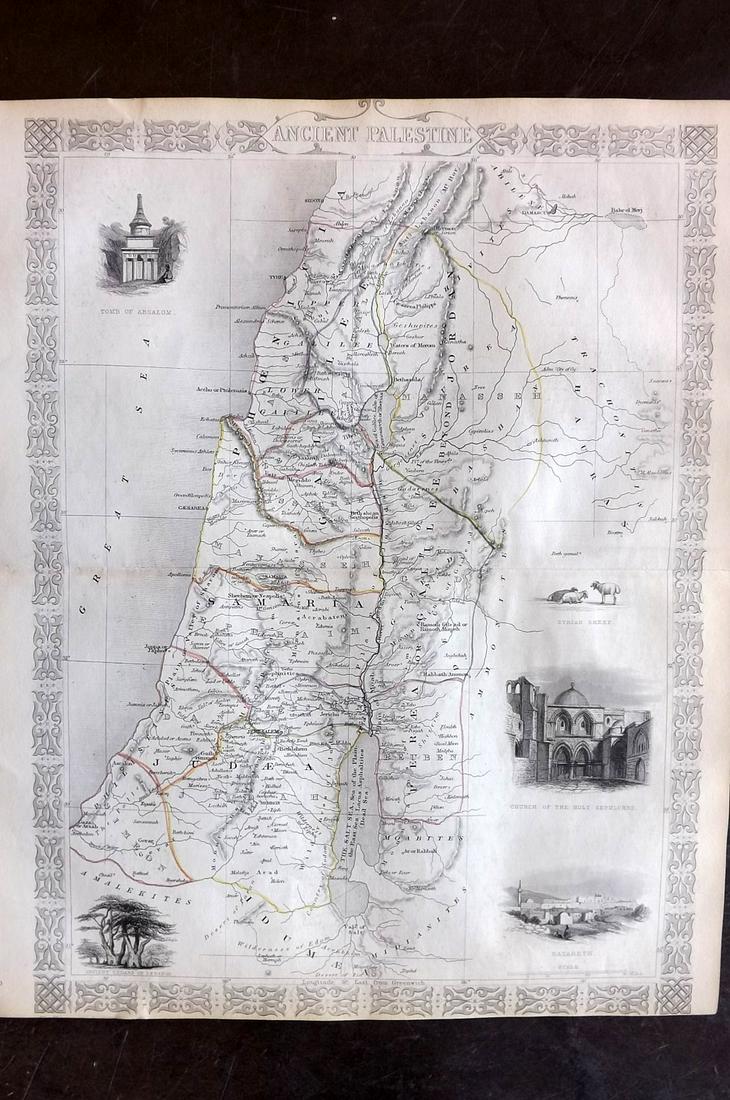 Tallis, John (Pub) 1852 Map. Ancient Palestine: Steel Engraved Map with Original Outline Hand Color Published 1852-56 by John Tallis, London for "The Universal Pronouncing Dictionary" by Thomas Wright. Drawn & Engraved by John Rapkin. Centre fold a